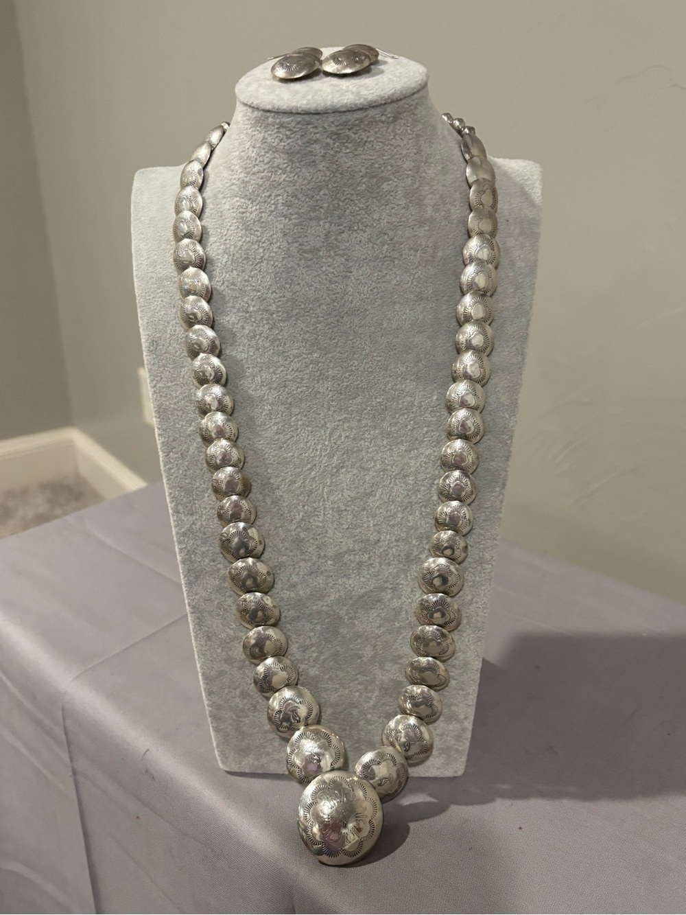 Vintage Sterling Silver Beaded Concho Necklace and earrings